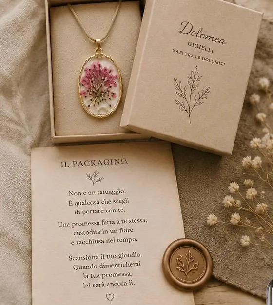 Confezione in carta naturale con collana ovale, cartoncino e sigillo in ceralacca