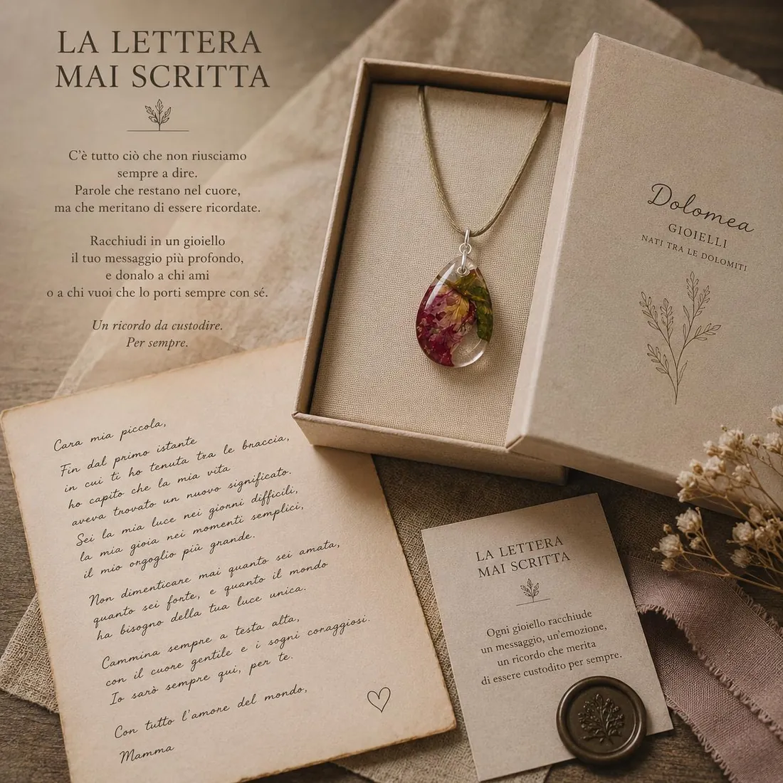 Cofanetto La Lettera Mai Scritta con collana a goccia e lettera scritta a mano