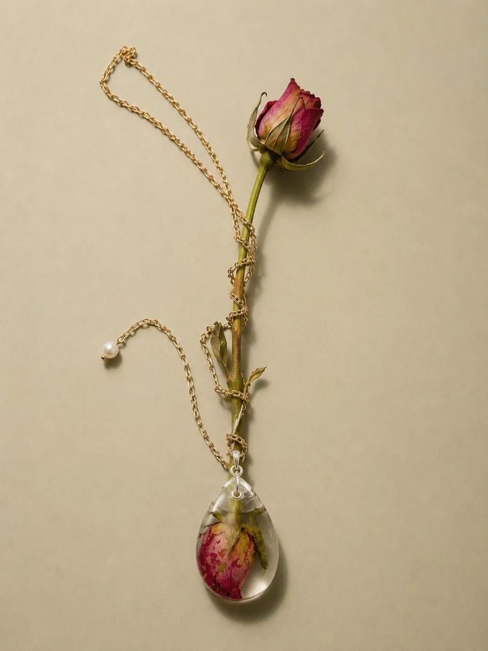 Bocciolo di rosa essiccato accanto alla collana che lo custodisce nella resina
