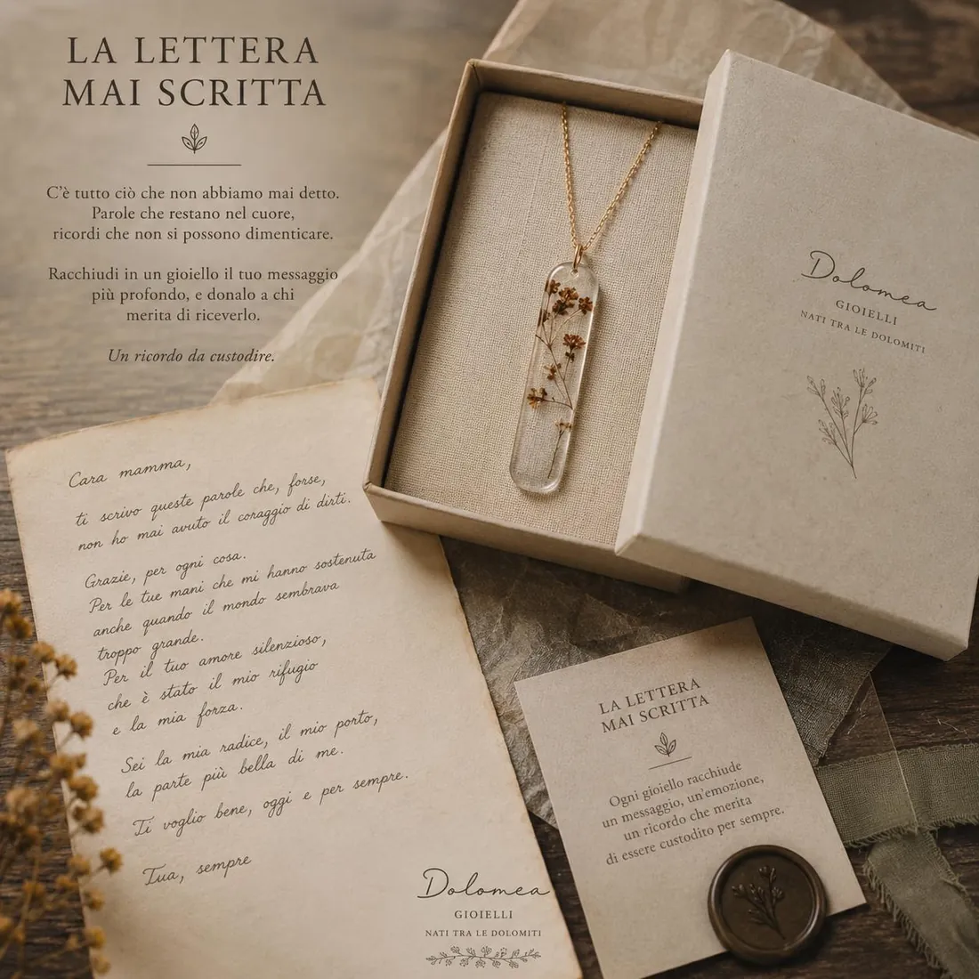 Cofanetto in carta naturale con collana, lettera scritta a mano e sigillo in ceralacca