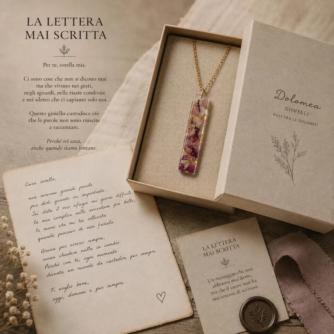La lettera scritta a mano a fianco del cofanetto, con la collana e il sigillo in ceralacca