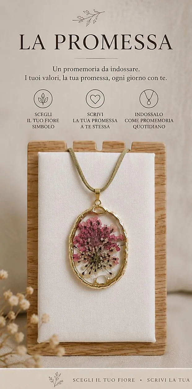 Cartoncino La Promessa con collana ovale a fiori rosa